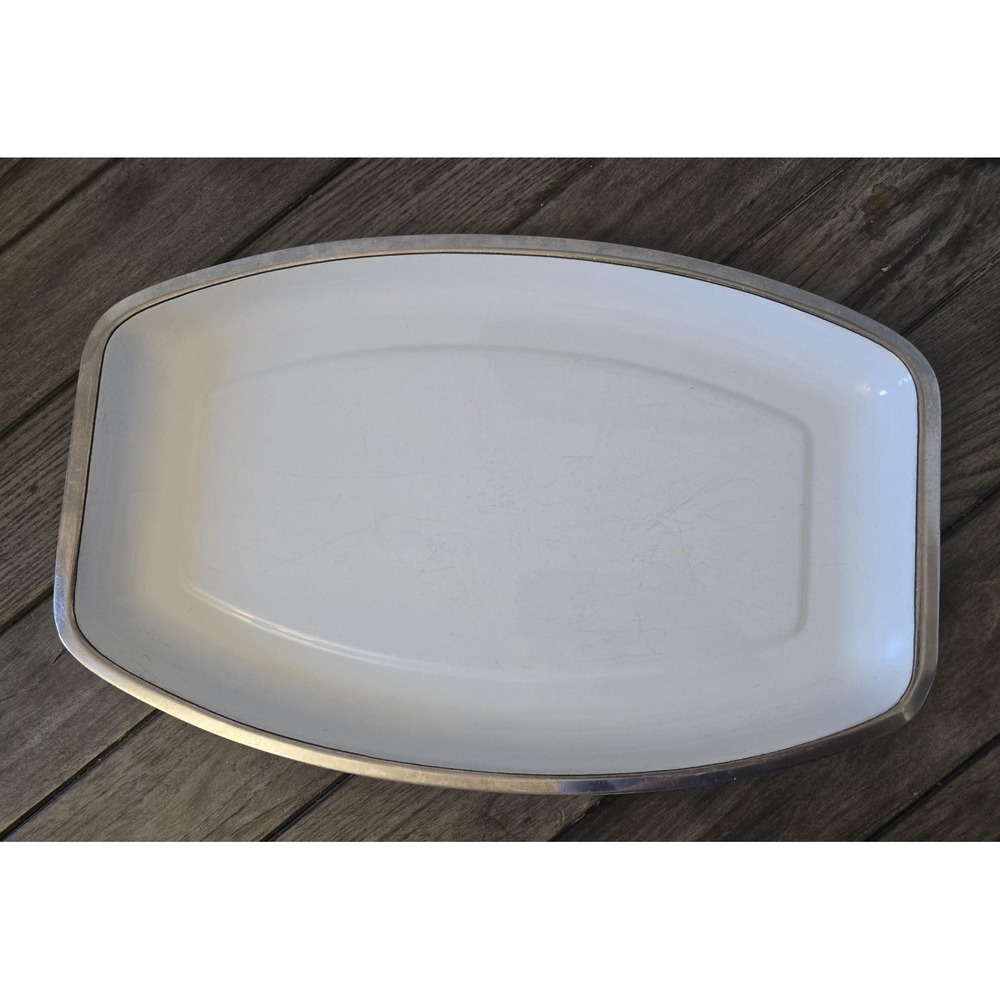 Catherineholm White & Silver Enamelware Tray MCM Norway 15" x 9.5" MCM Retro Vtg